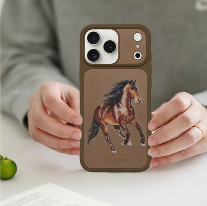 Embroidered Horse Design Back Cover for iPhone with Leather Finish & Shock Protection