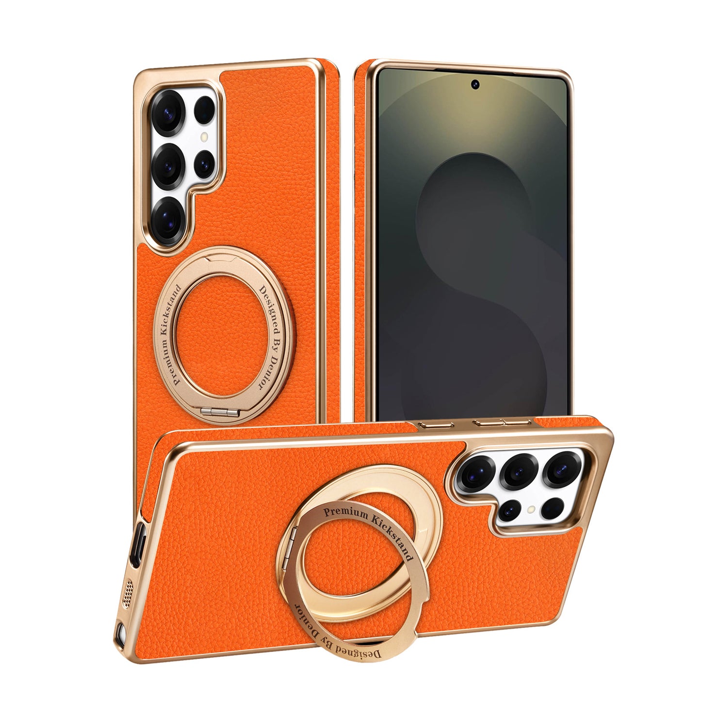Premium Leather Back Case with Metal Frame & Ring Stand for S24 Ultra