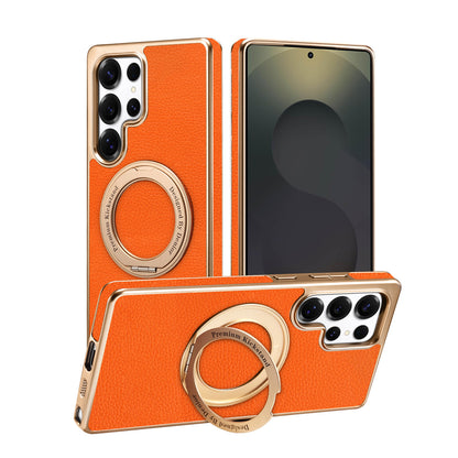Premium Leather Back Case with Metal Frame & Ring Stand for S24 Ultra