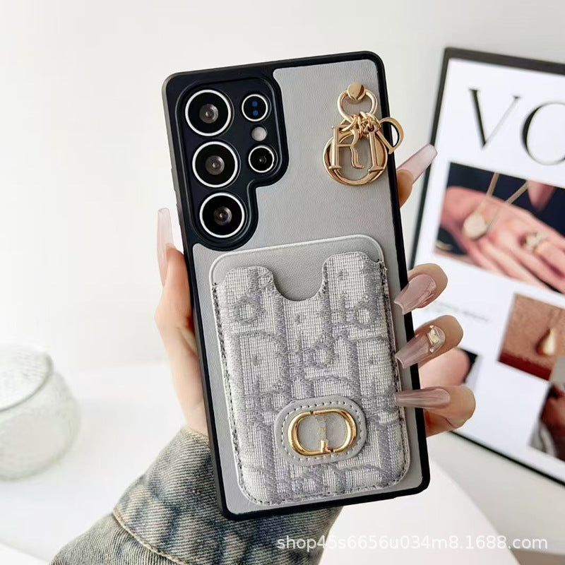 Designer Card Holder Phone Case with Metal Ring Charm and Camera Protection