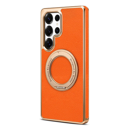 Premium Leather Back Case with Metal Frame & Ring Stand for S24 Ultra