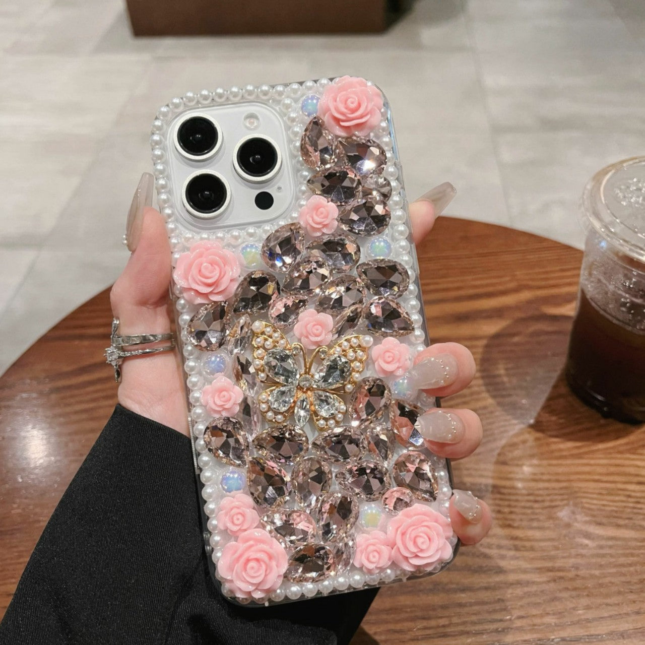 Luxury Pearl Butterfly Mobile Cover – 3D Crystal Rose Designer Case