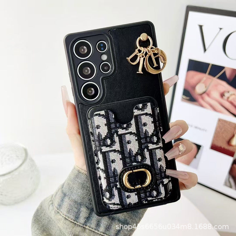 Designer Card Holder Phone Case with Metal Ring Charm and Camera Protection