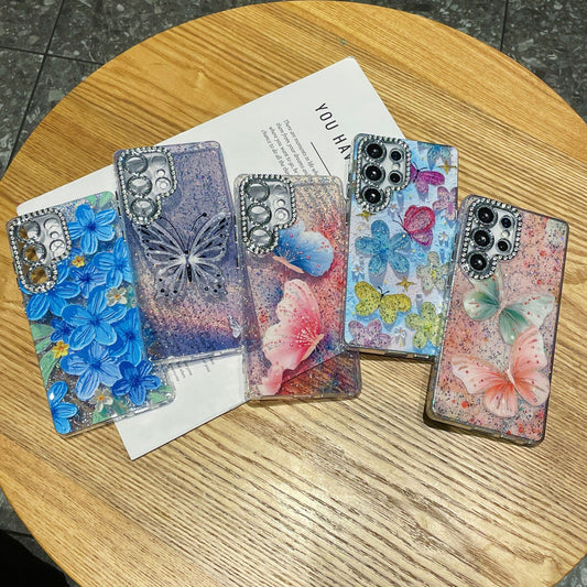 Butterfly & Floral Glitter Mobile Covers – Diamond Border Transparent Designer Cases