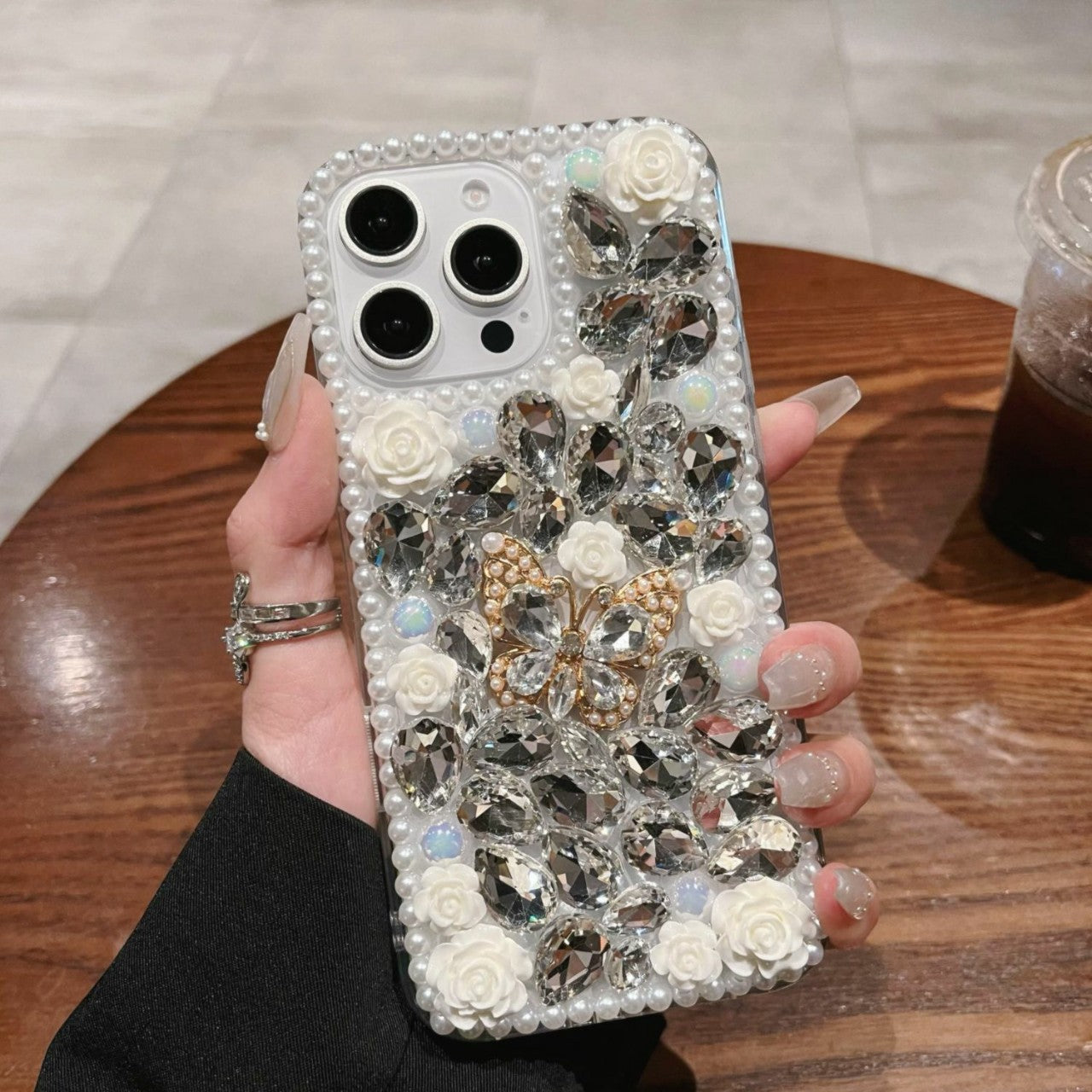 Luxury Pearl Butterfly Mobile Cover – 3D Crystal Rose Designer Case