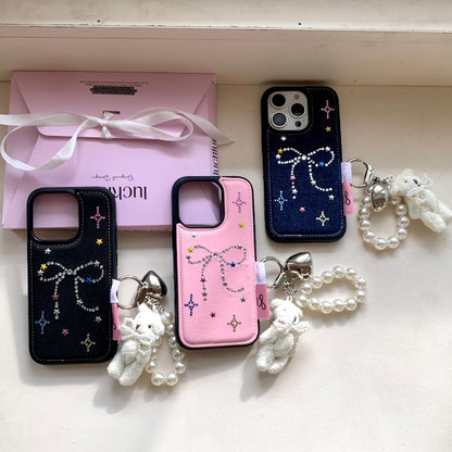 Bow Charm iPhone Case with Pearl Keychain & Teddy Pendant
