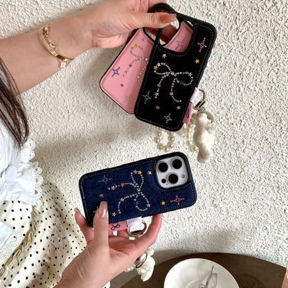 Bow Charm iPhone Case with Pearl Keychain & Teddy Pendant