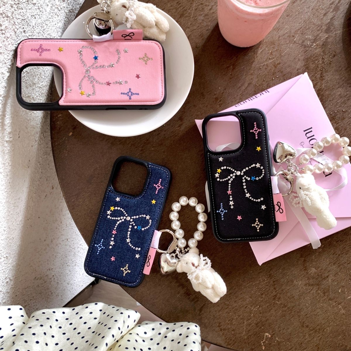 Bow Charm iPhone Case with Pearl Keychain & Teddy Pendant