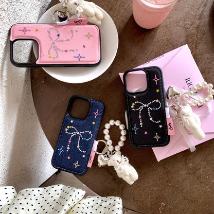 Bow Charm iPhone Case with Pearl Keychain & Teddy Pendant