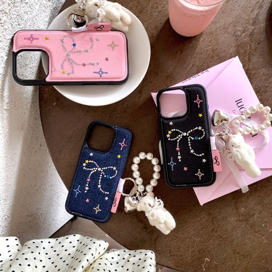 Bow Charm iPhone Case with Pearl Keychain & Teddy Pendant
