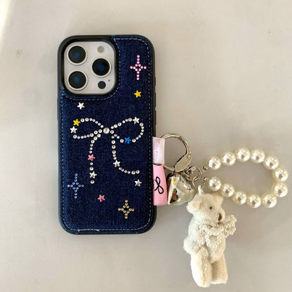 Bow Charm iPhone Case with Pearl Keychain & Teddy Pendant