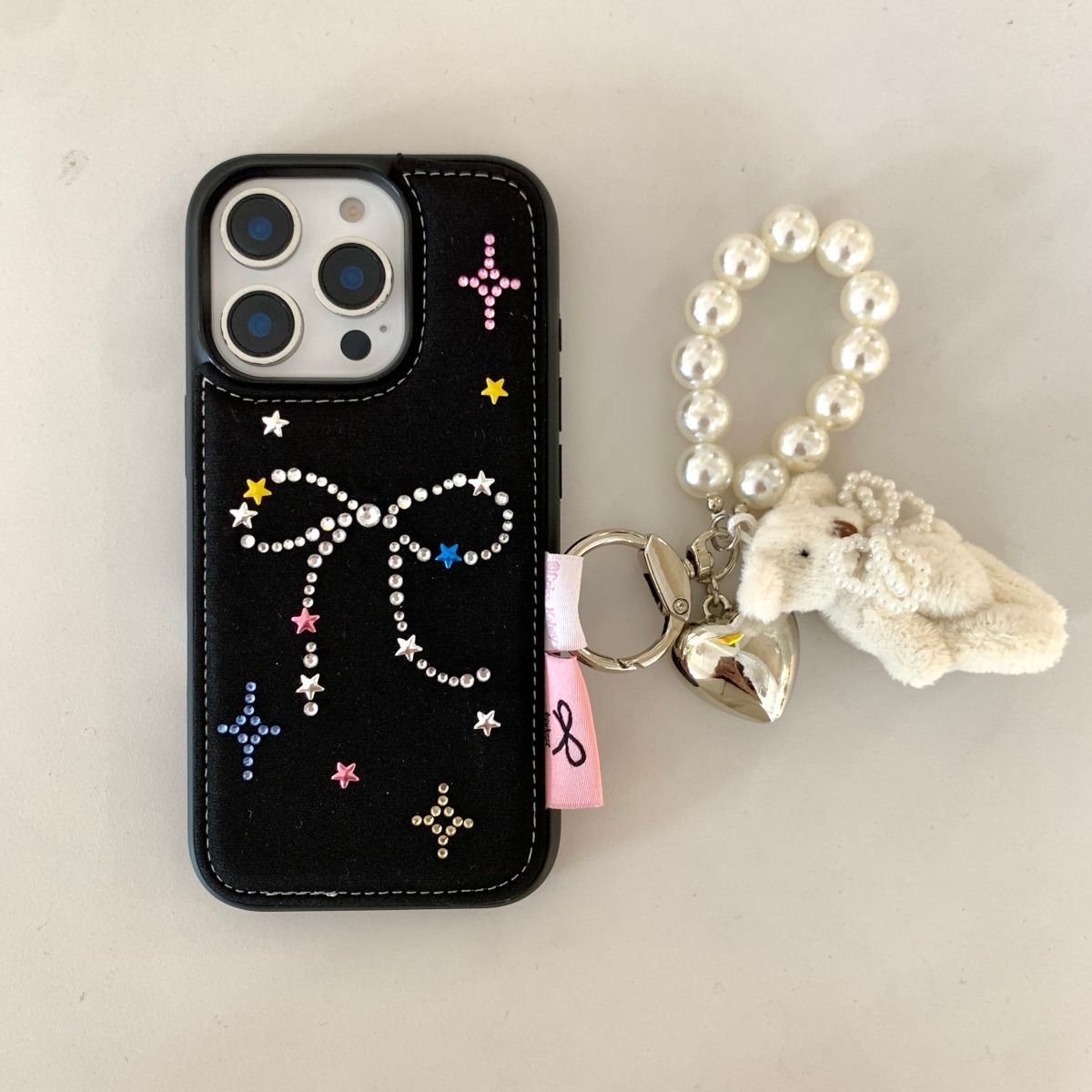 Bow Charm iPhone Case with Pearl Keychain & Teddy Pendant