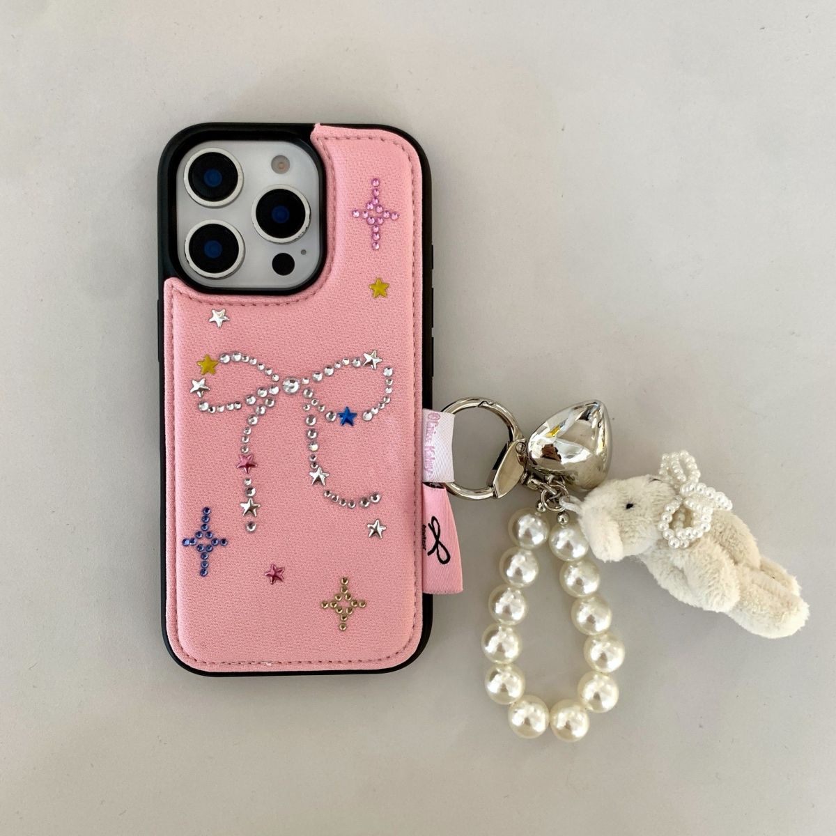 Bow Charm iPhone Case with Pearl Keychain & Teddy Pendant