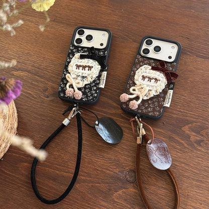 Floral Lace Bow Phone Case with Strap | Soft Fabric Back Cover with Hanging Loop