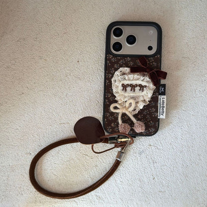 Floral Lace Bow Phone Case with Strap | Soft Fabric Back Cover with Hanging Loop