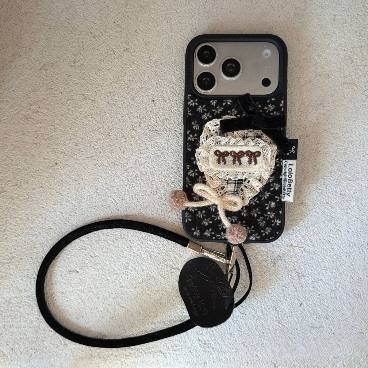 Floral Lace Bow Phone Case with Strap | Soft Fabric Back Cover with Hanging Loop