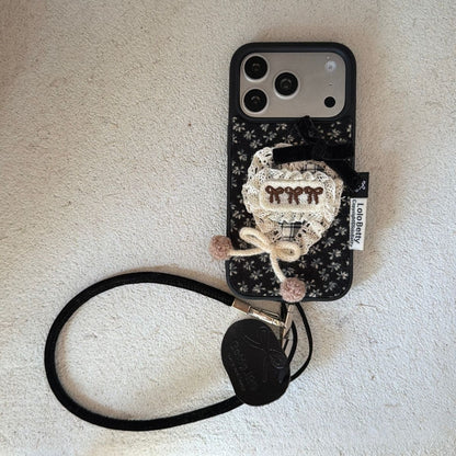 Floral Lace Bow Phone Case with Strap | Soft Fabric Back Cover with Hanging Loop