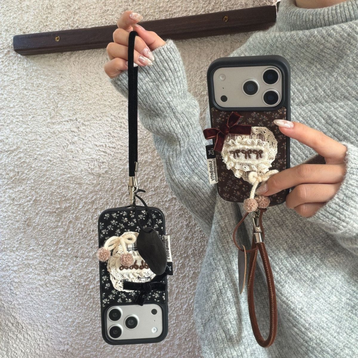 Floral Lace Bow Phone Case with Strap | Soft Fabric Back Cover with Hanging Loop