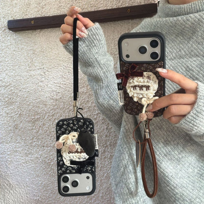 Floral Lace Bow Phone Case with Strap | Soft Fabric Back Cover with Hanging Loop