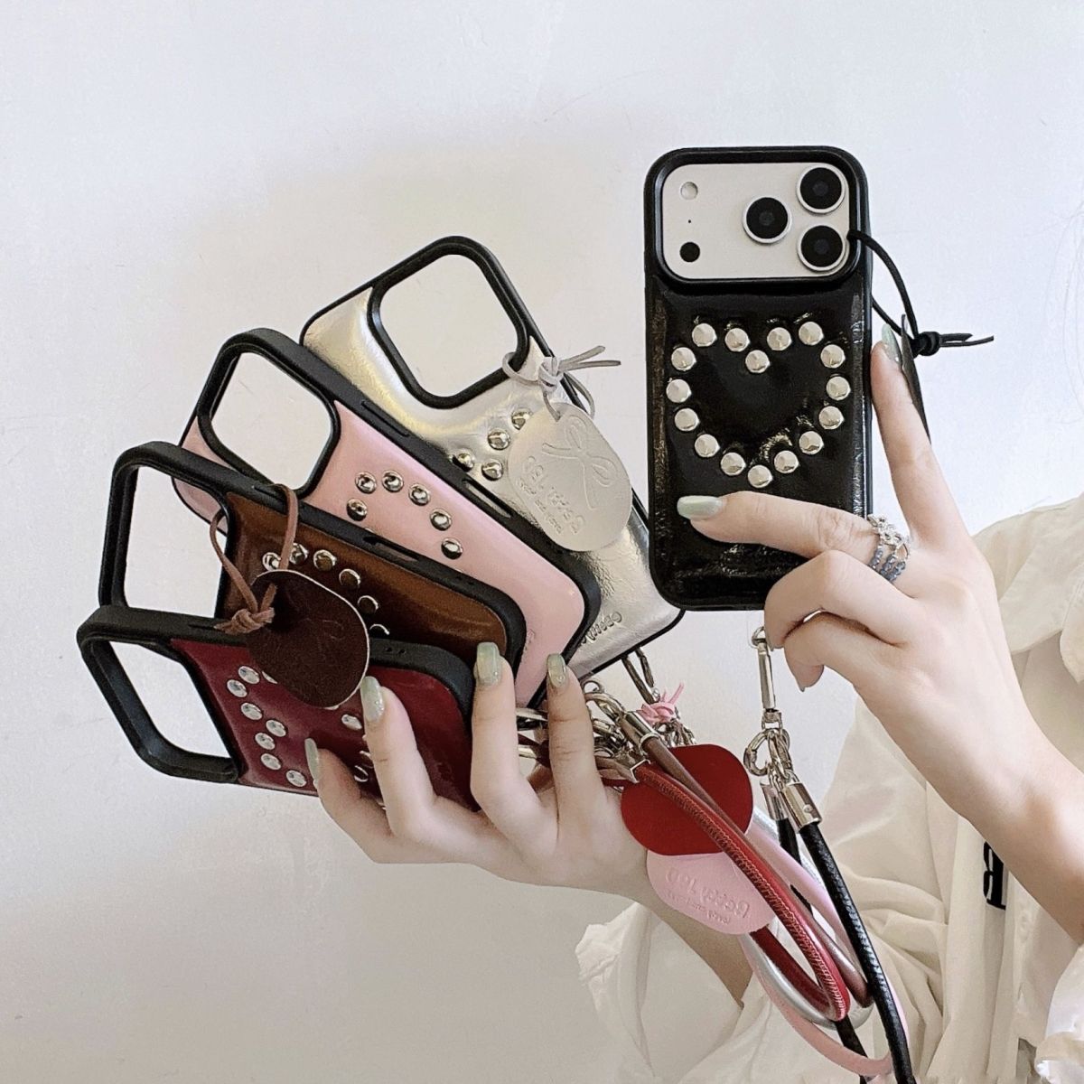 Stud Heart Phone Case with Wrist Strap