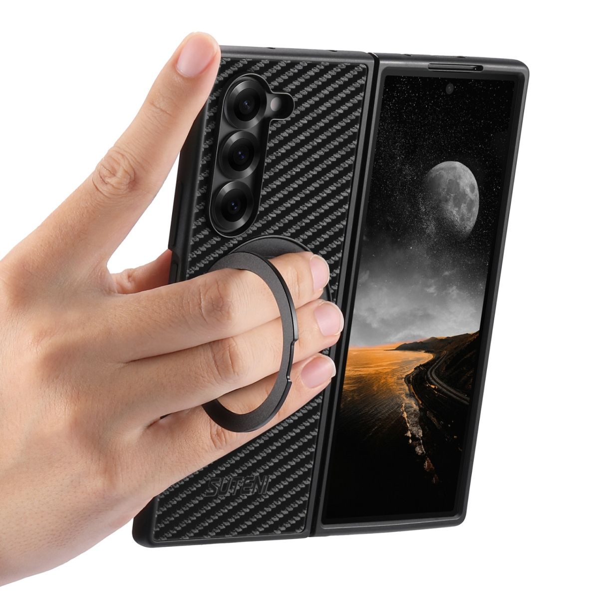 Carbon Fiber Back Cover with Ring Stand for Samsung Galaxy Z Fold Series