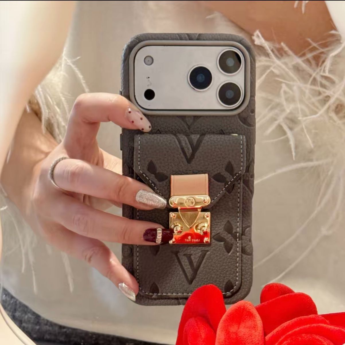 Luxury Leather Card Holder Back Cover with Metal Lock Compatible with iPhone Models