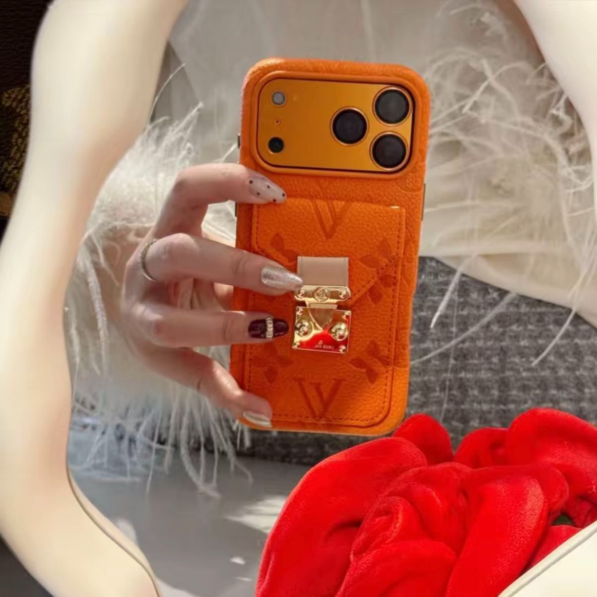 Luxury Leather Card Holder Back Cover with Metal Lock Compatible with iPhone Models