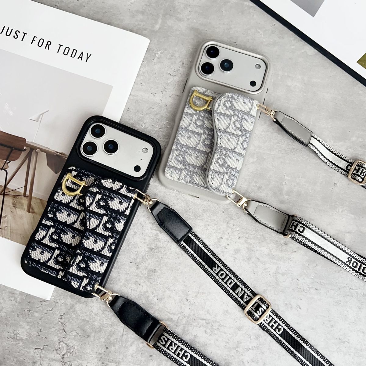 Pattern Back Cover with Card Pocket and Chain Strap for iPhone