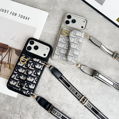 Pattern Back Cover with Card Pocket and Chain Strap for iPhone