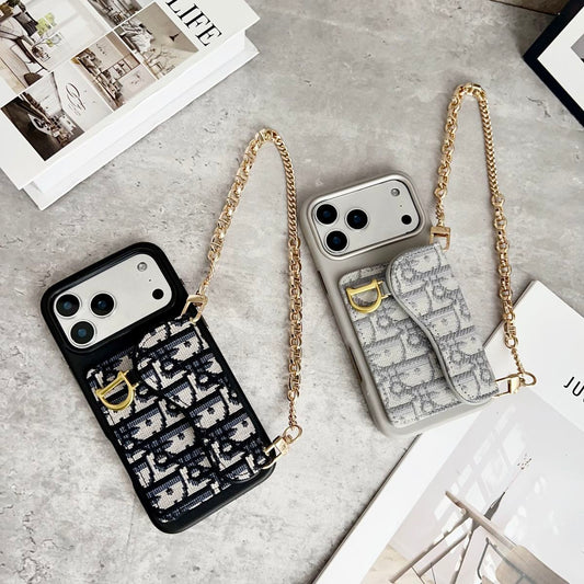 Pattern Back Cover with Card Pocket and Chain Strap for iPhone