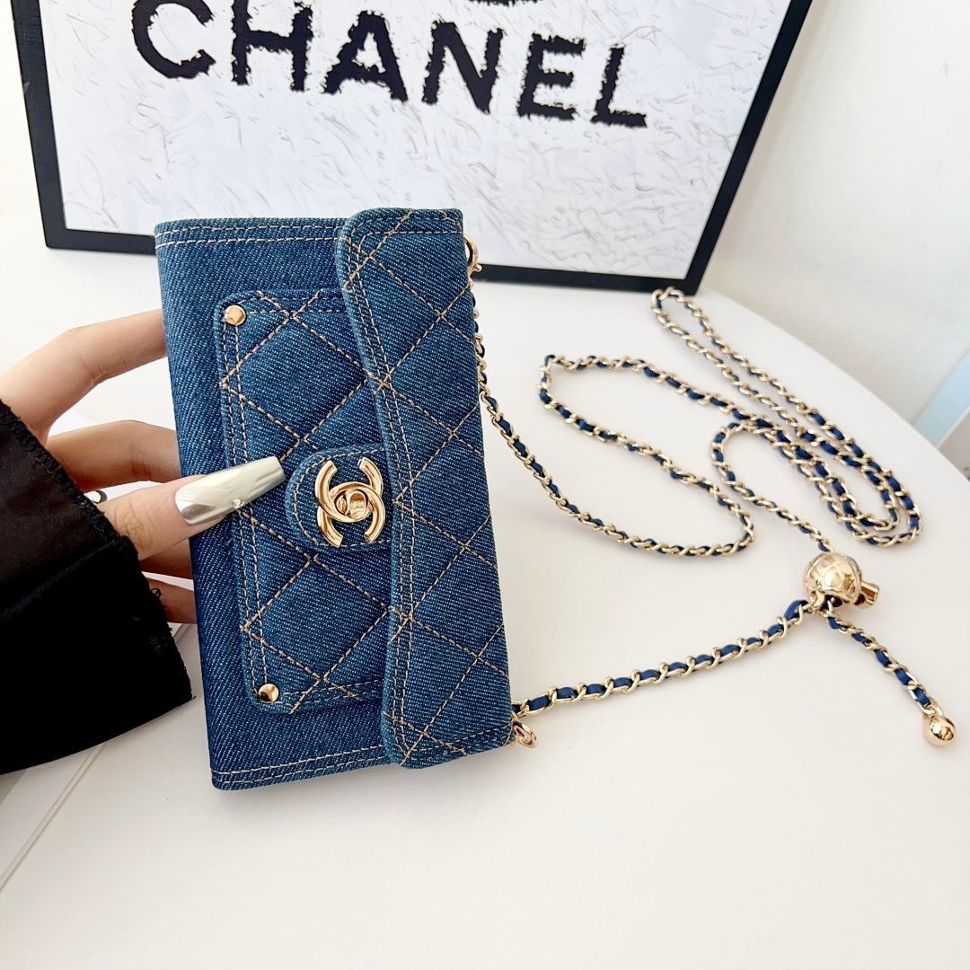 Denim Quilted Back Cover with Chain Strap for iPhone
