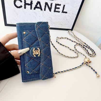 Denim Quilted Back Cover with Chain Strap for iPhone