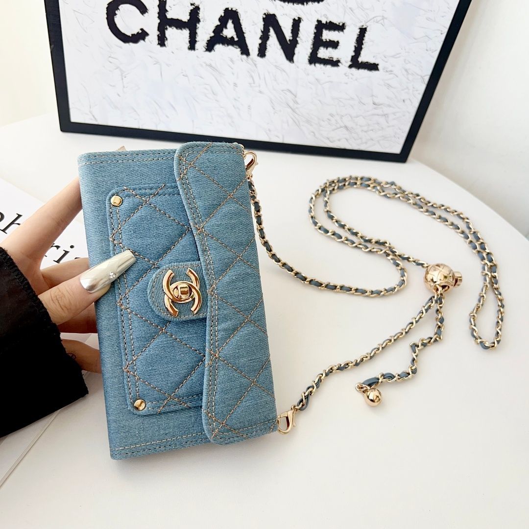 Denim Quilted Back Cover with Chain Strap for iPhone