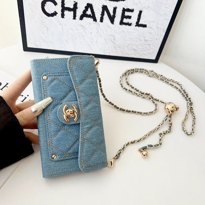 Denim Quilted Back Cover with Chain Strap for iPhone