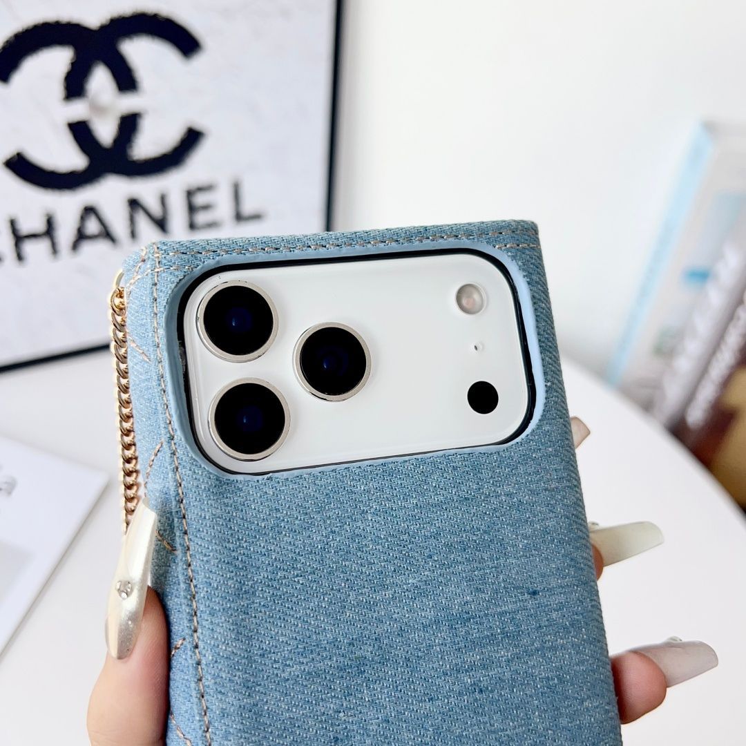 Denim Quilted Back Cover with Chain Strap for iPhone