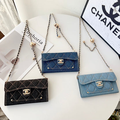 Denim Quilted Back Cover with Chain Strap for iPhone