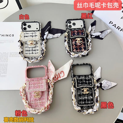 Fabric Back Cover with Pocket and Chain Strap for iPhone