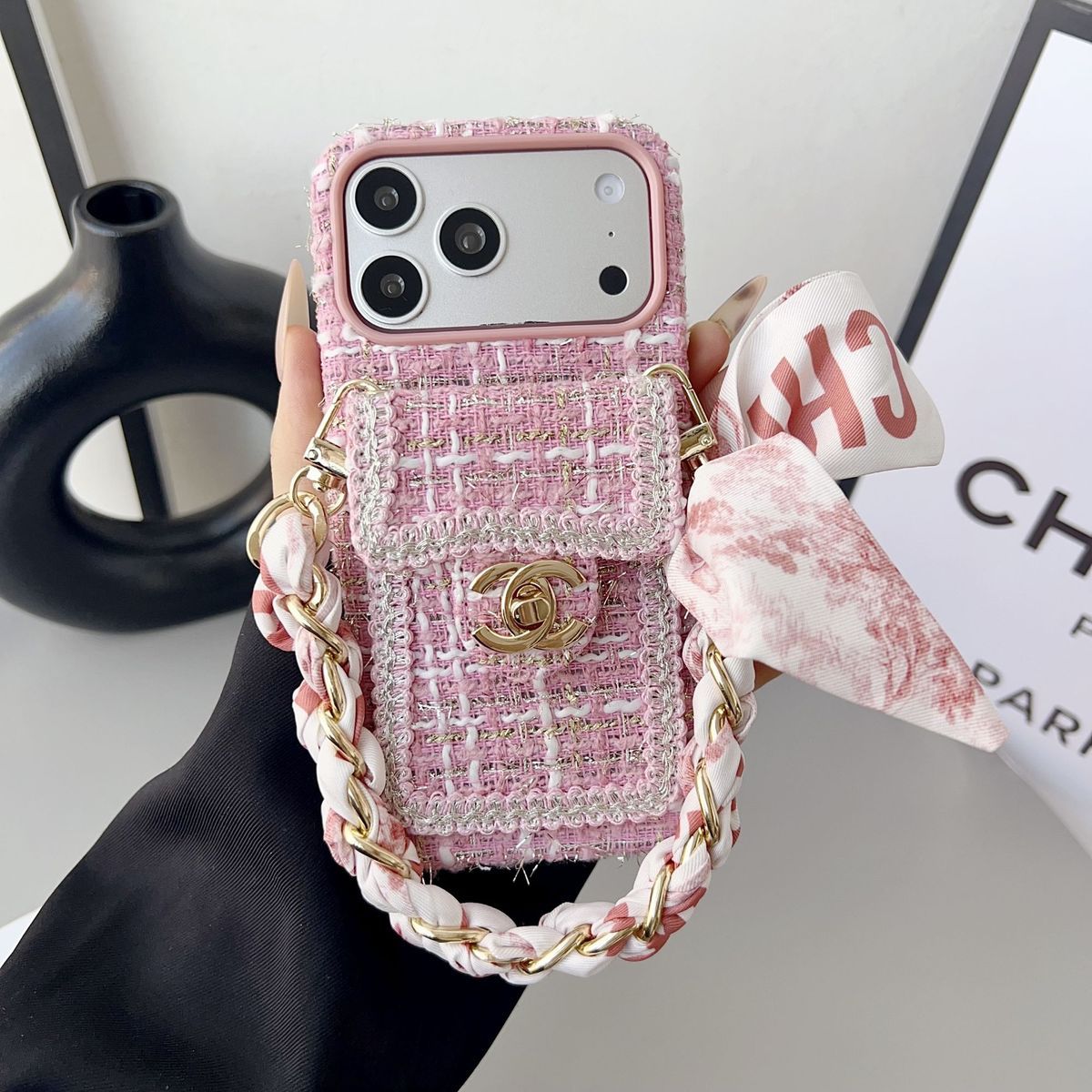 Fabric Back Cover with Pocket and Chain Strap for iPhone