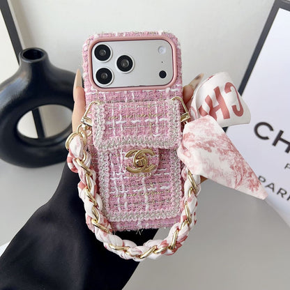 Fabric Back Cover with Pocket and Chain Strap for iPhone