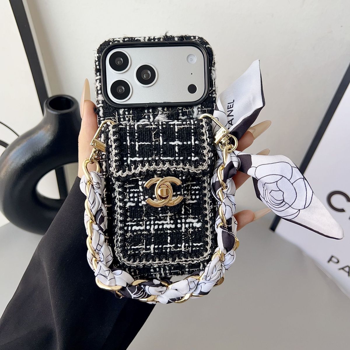 Fabric Back Cover with Pocket and Chain Strap for iPhone