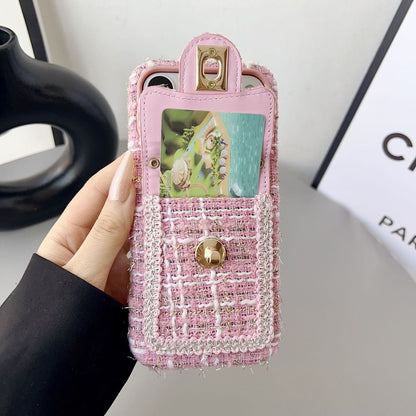 Fabric Back Cover with Pocket and Chain Strap for iPhone