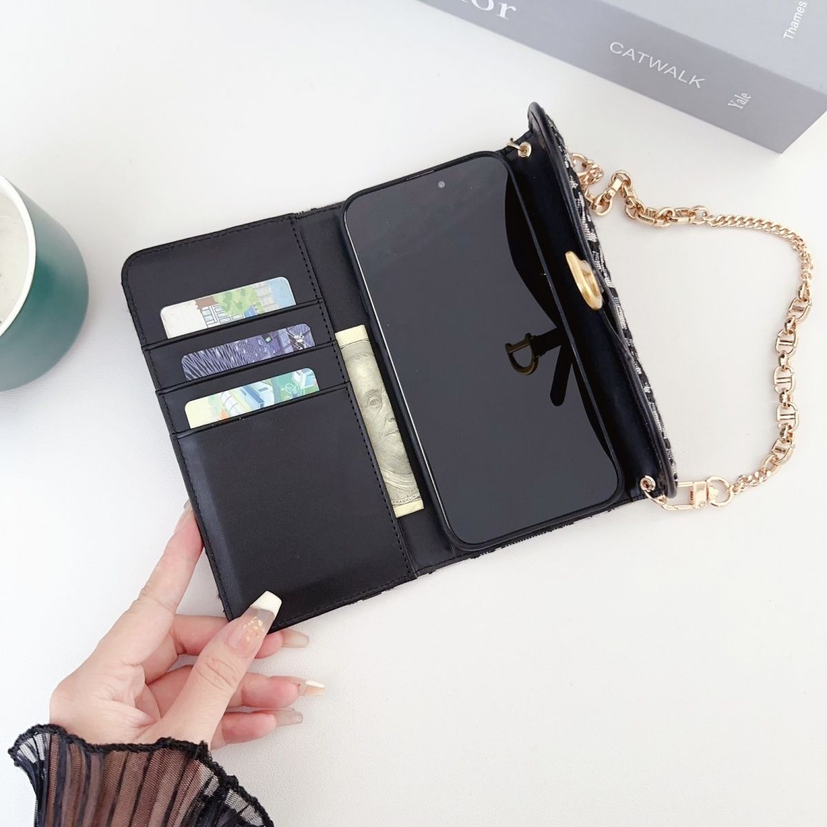 Monogram Pattern Back Cover with Chain Strap for iPhone