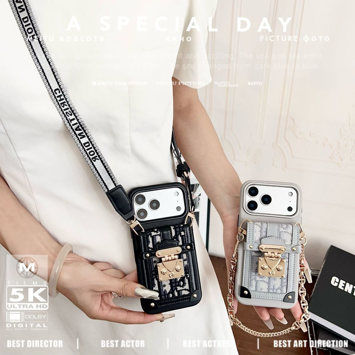 Pattern Back Cover with Chain Strap and Lock for iPhone