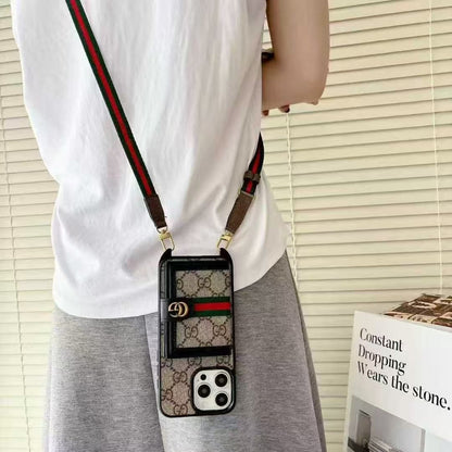 Pattern Back Cover with Card Holder and Strap for iPhone