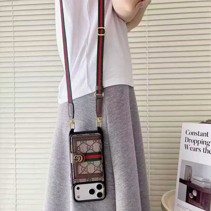 Pattern Back Cover with Card Holder and Strap for iPhone