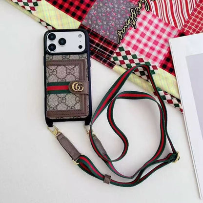 Pattern Back Cover with Card Holder and Strap for iPhone