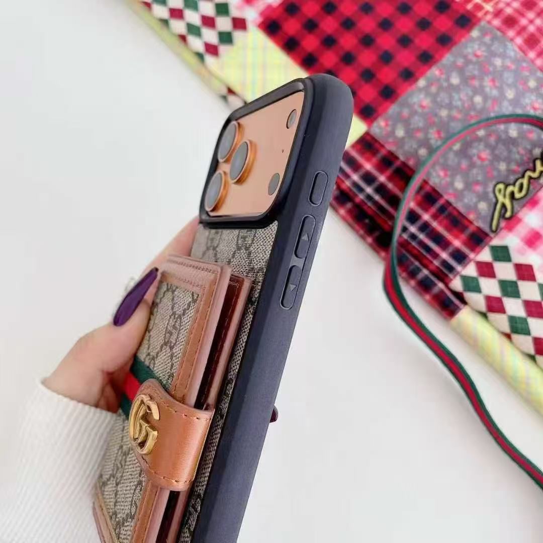 Pattern Back Cover with Card Holder and Strap for iPhone