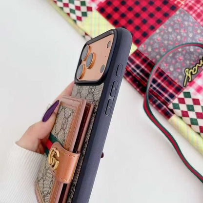 Pattern Back Cover with Card Holder and Strap for iPhone