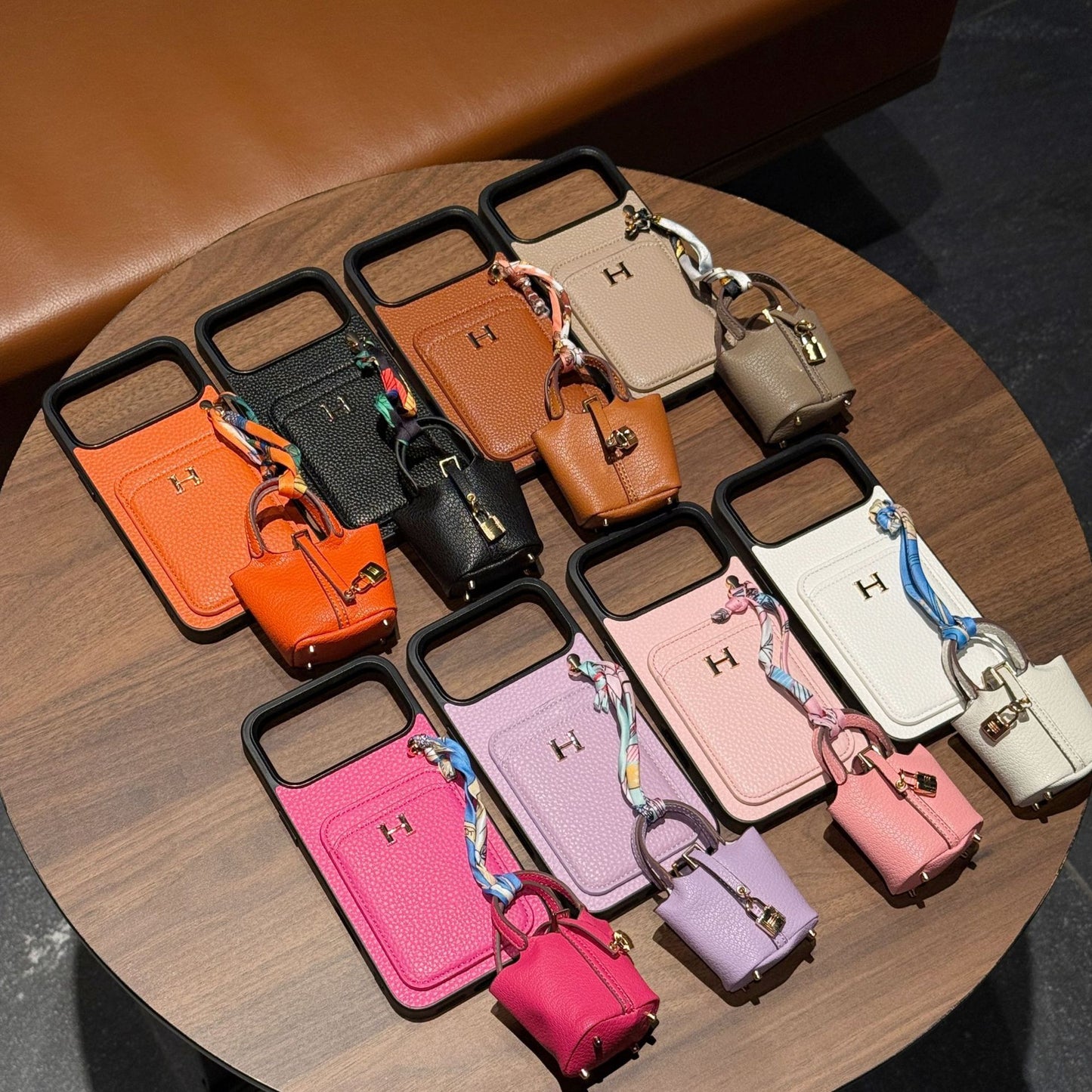 Premium Leather Card Holder Back Cover with Mini Bag Charm & Strap Compatible with iPhone Models
