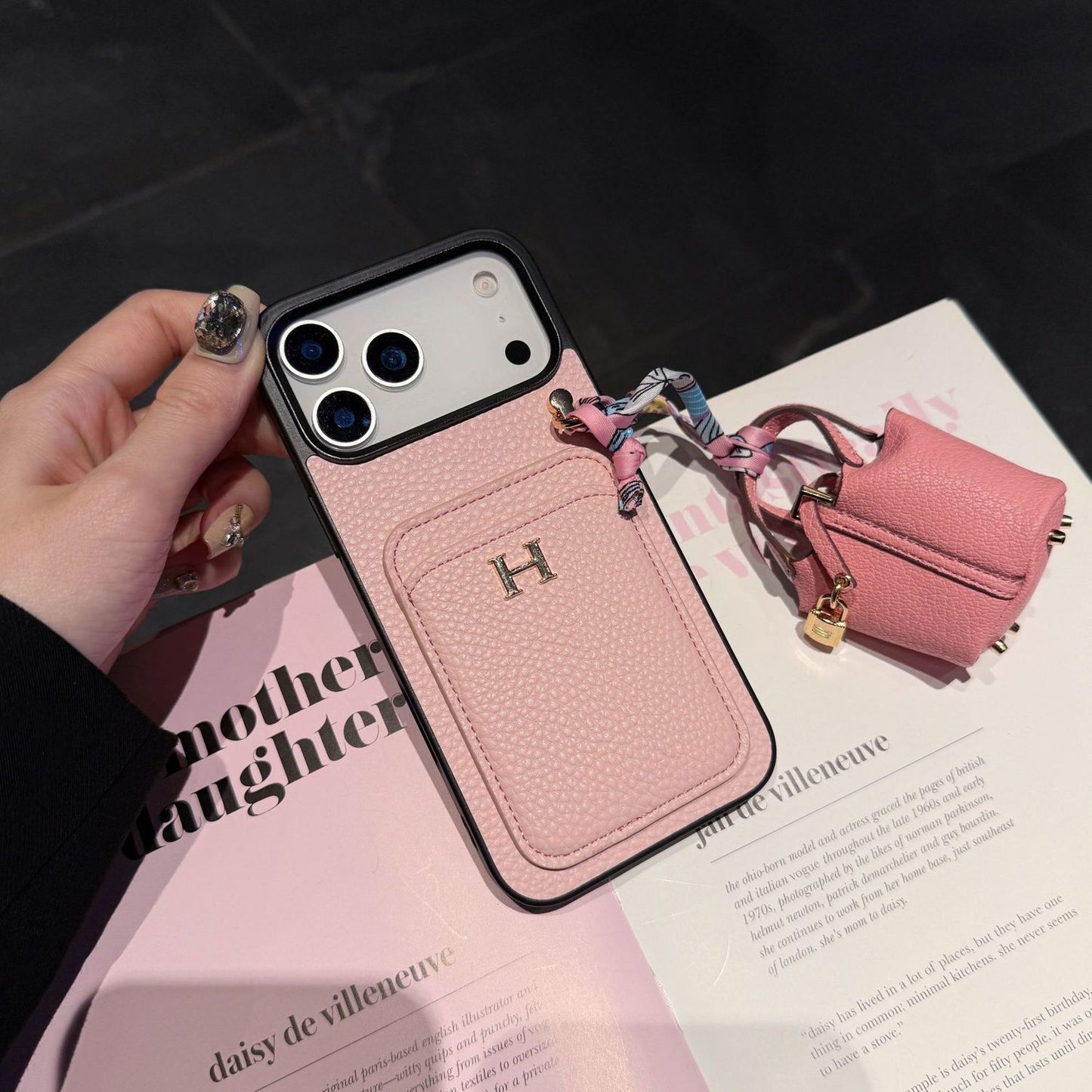 Premium Leather Card Holder Back Cover with Mini Bag Charm & Strap Compatible with iPhone Models